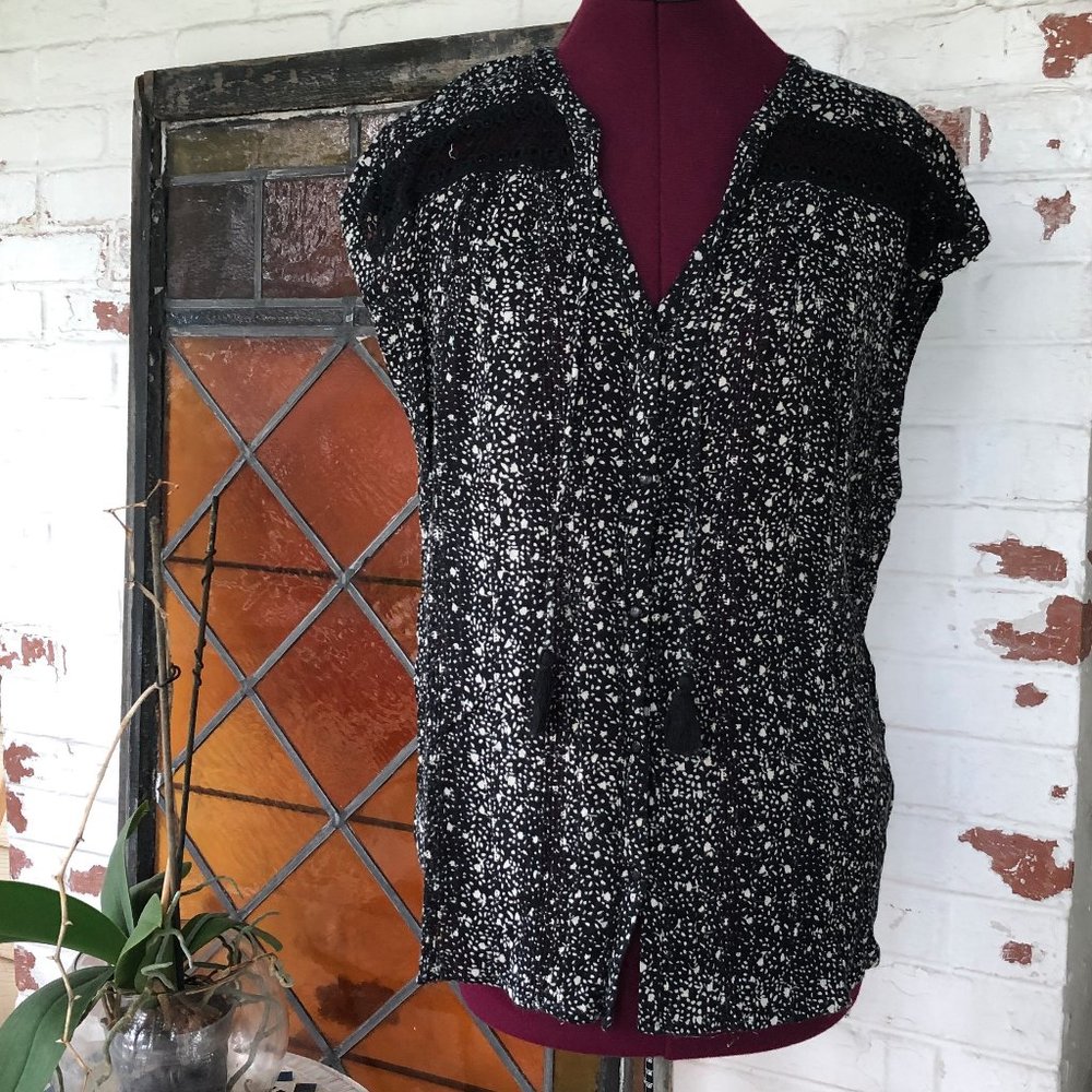 Lucky Brand Boho Black & White Blouse with Tassels